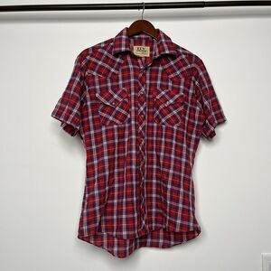 VINTAGE ELY CATTLEMAN PLAID SHIRT WESTERN PEARL SNAP KOREA POLYESTER SIZE 15 1/2